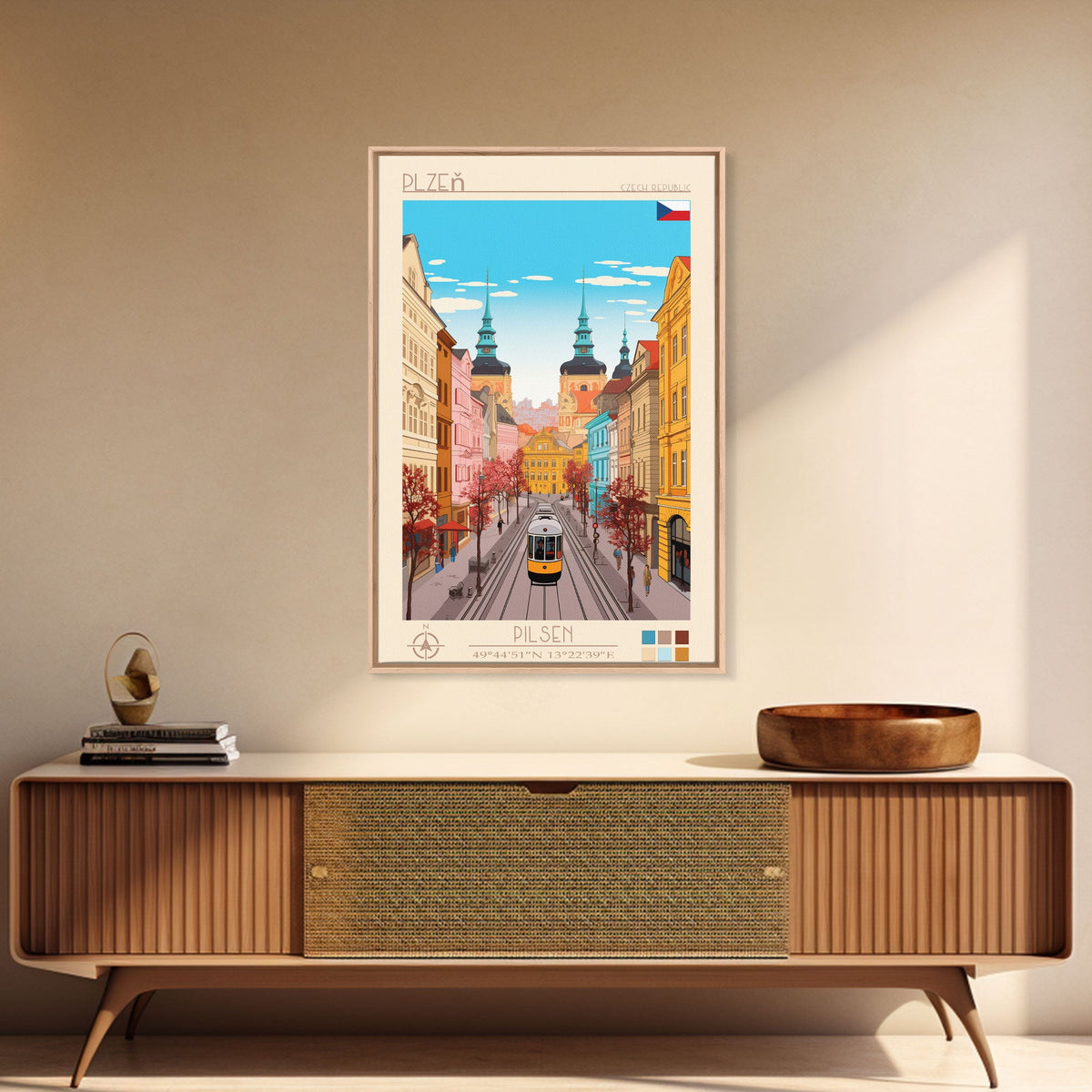 Plzeň Czech Republic Travel Poster Framed Canvas Print, Midcentury Modern Art, Pop Art Wall Decor, Scenic Living Room Art, Bedroom Decor
