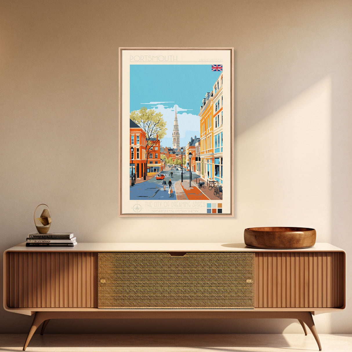 Portsmouth United Kingdom Travel Poster Framed Canvas Print, Midcentury Modern Art, Pop Art Wall Decor, Scenic Wall Art, Bedroom Decoration
