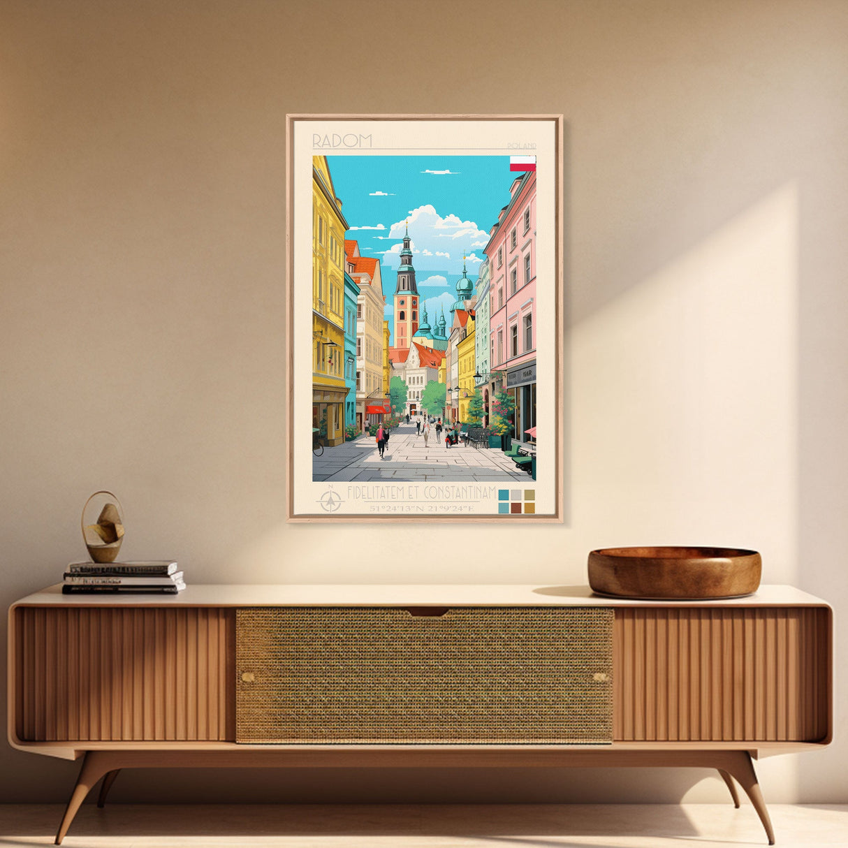 Radom Poland Travel Poster Framed Canvas Print, Midcentury Modern Art, Pop Art Wall Decor, Scenic Living Room Art, Bedroom Decor