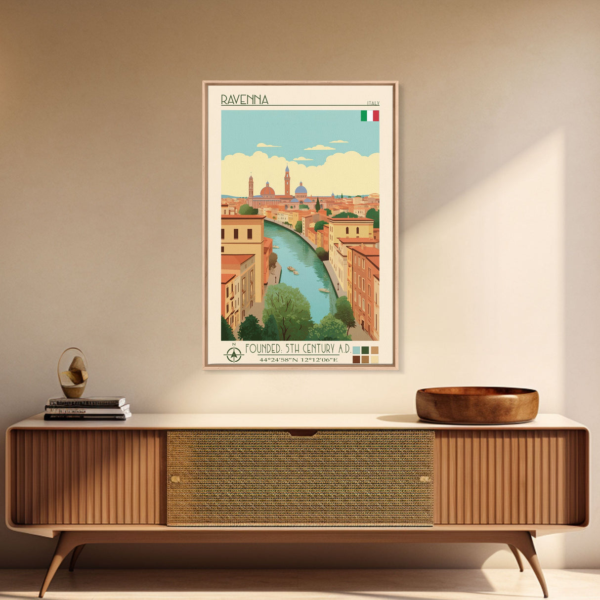 Ravenna Italy Travel Poster Framed Canvas Print, Midcentury Modern Art, Pop Art Wall Decor, Home Decor, Vacation Gift, Office Art