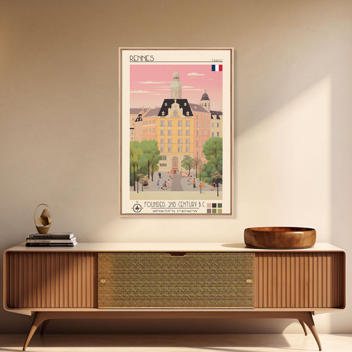Rennes France Travel Poster Framed Canvas Print, Midcentury Modern Art, Pop Art Wall Decor, Scenic Wall Art, Living Room Decoration, Office Gift