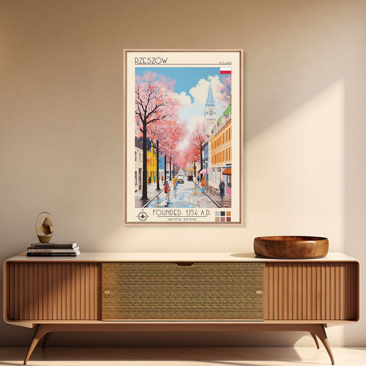 Rzeszów Poland Travel Poster Framed Canvas Print, Midcentury Modern Art, Pop Art Wall Decor, Living Room Art, Bedroom Decoration