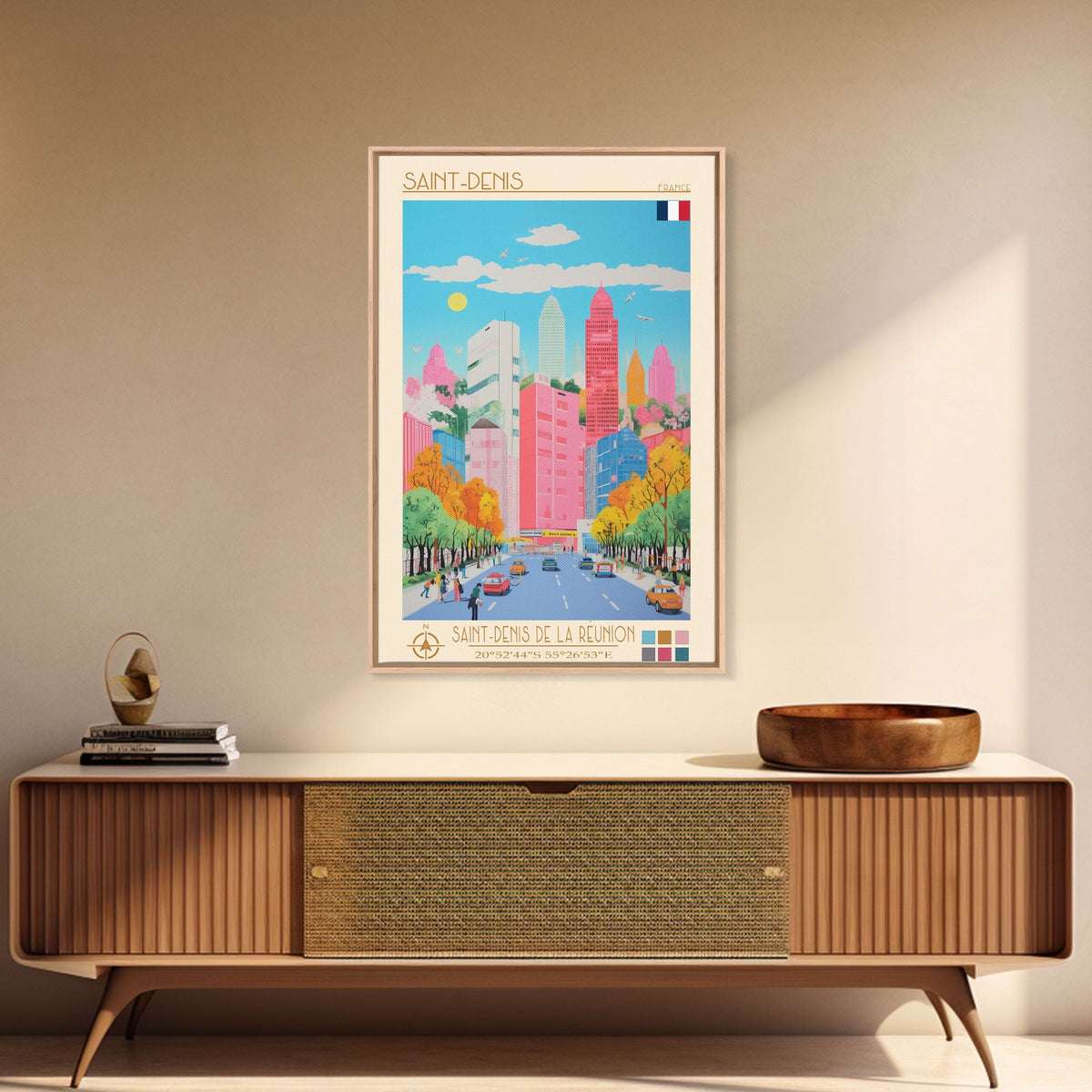 Saint-Denis France Travel Poster Framed Canvas Print, Midcentury Modern Art, Pop Art Wall Decor, Scenic Wall Art, Bedroom Decor