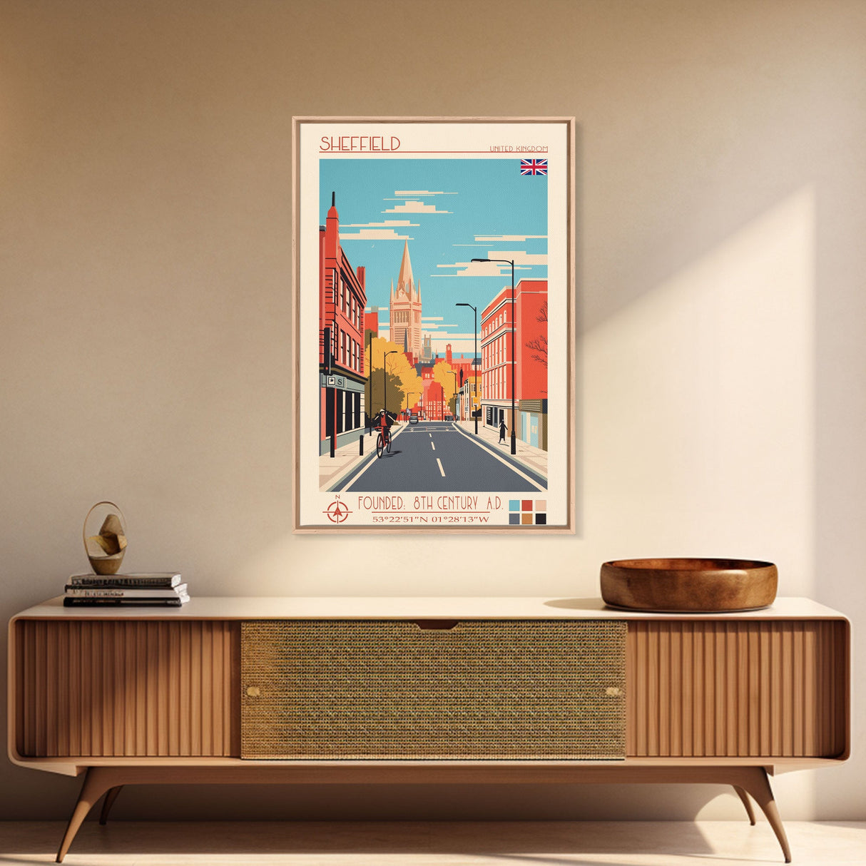 Sheffield United Kingdom Travel Poster Framed Canvas Print, Midcentury Modern Art, Pop Art Wall Decor, Home Decor, Vacation Gift, Office Art