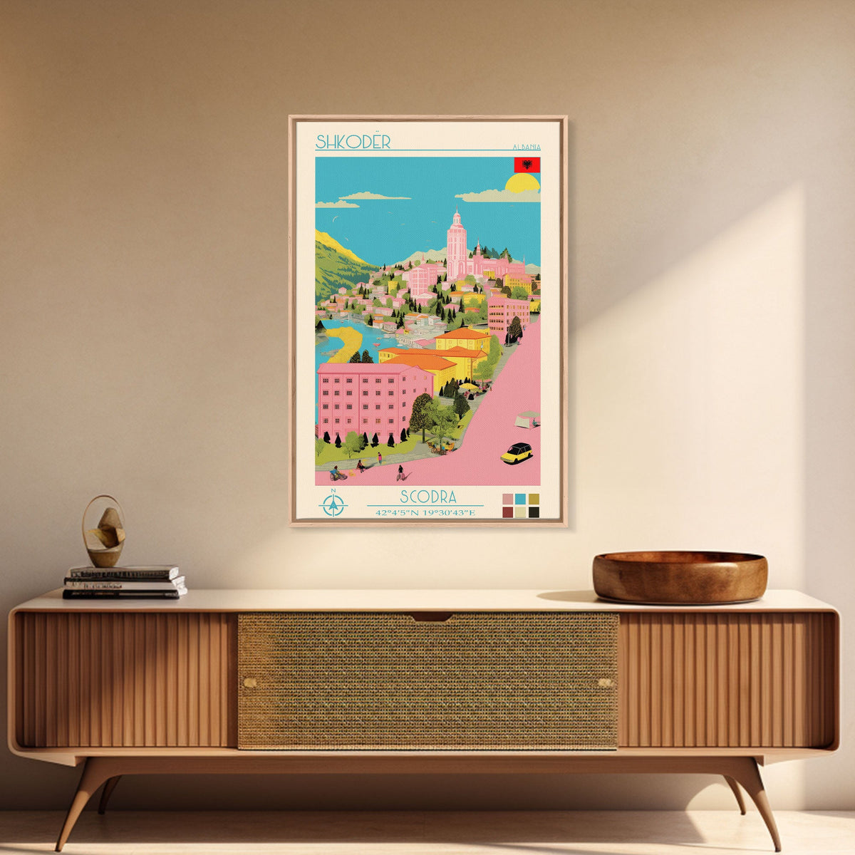 Shkodër Albania Travel Poster Framed Canvas Print, Midcentury Modern Art, Pop Art Wall Decor, Scenic Wall Art, Bedroom Decoration