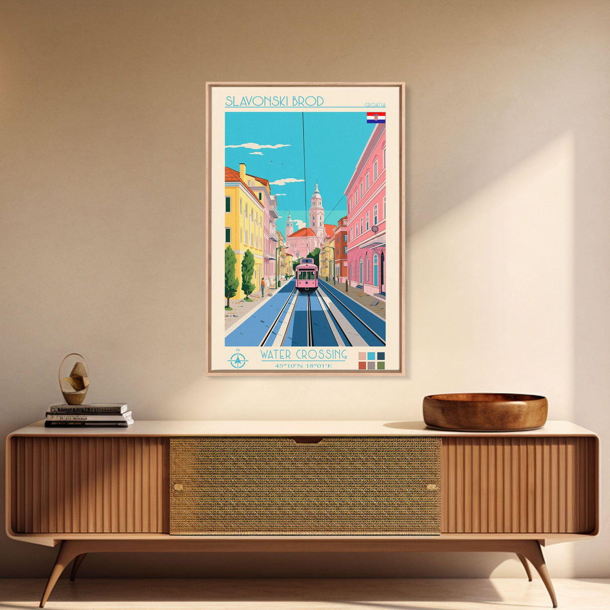 Slavonski Brod Croatia Travel Poster Framed Canvas Print, Midcentury Modern Art, Pop Art Wall Decor, Home Decor, Office Decoration