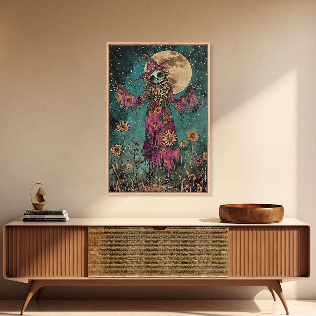 Halloween Creepy Scarecrow with Glowing Pumpkin Head Framed Canvas Print Haunted Harvest Wall Art Home Decor, Decor, Gift Idea, Spooky Vibes