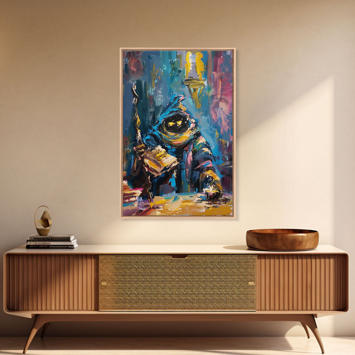 Halloween Creepy Wizard Reading Spells Framed Canvas Print, Spooky Wall Art, Home Decor, Occult Decor, Gift Idea, Dark Magic