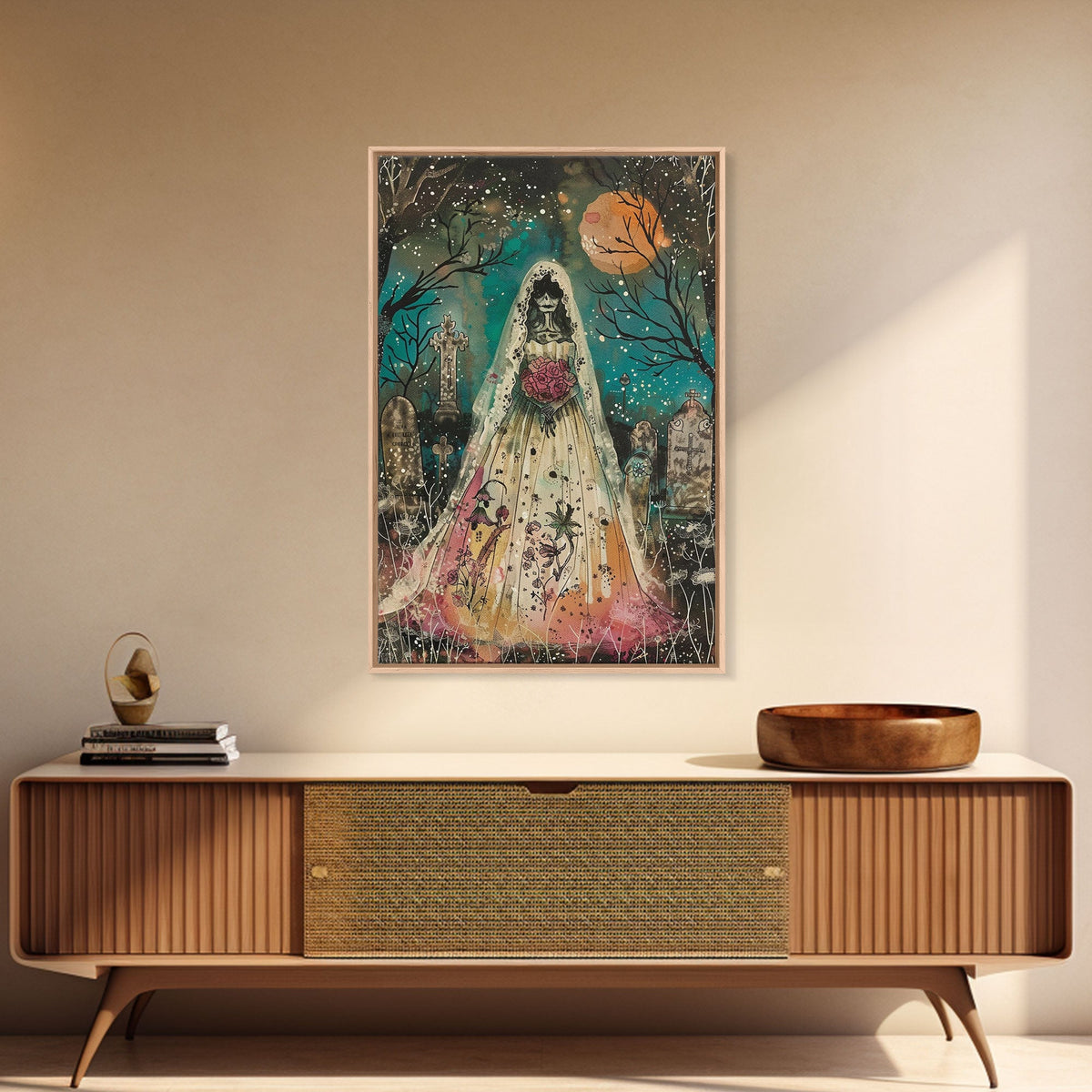 Halloween Skeleton Bride in Cemetery, Framed Canvas Print, Wall Art, Living Room Decor, Spooky, Skeleton Art, Original Painting, Home Decor