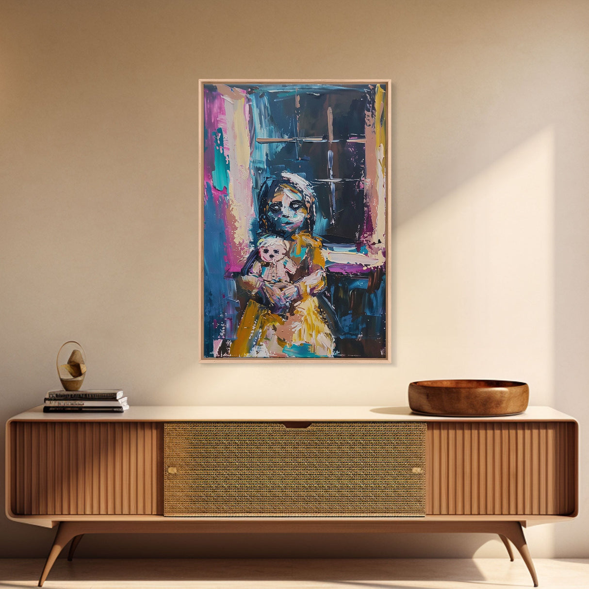 Halloween Creepy Girl with Doll, Framed Canvas Print, Wall Art, Living Room Decor, Spooky, Girl Art, Original Painting, Home Decor