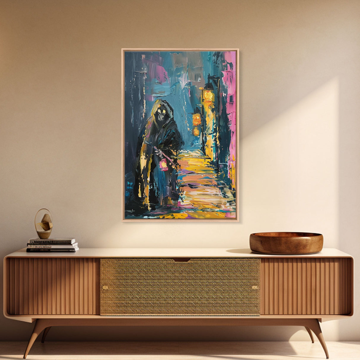 Halloween Grim Reaper with Lantern, Framed Canvas Print, Wall Art, Living Room Decor, Spooky, Grim Reaper Art, Original Painting