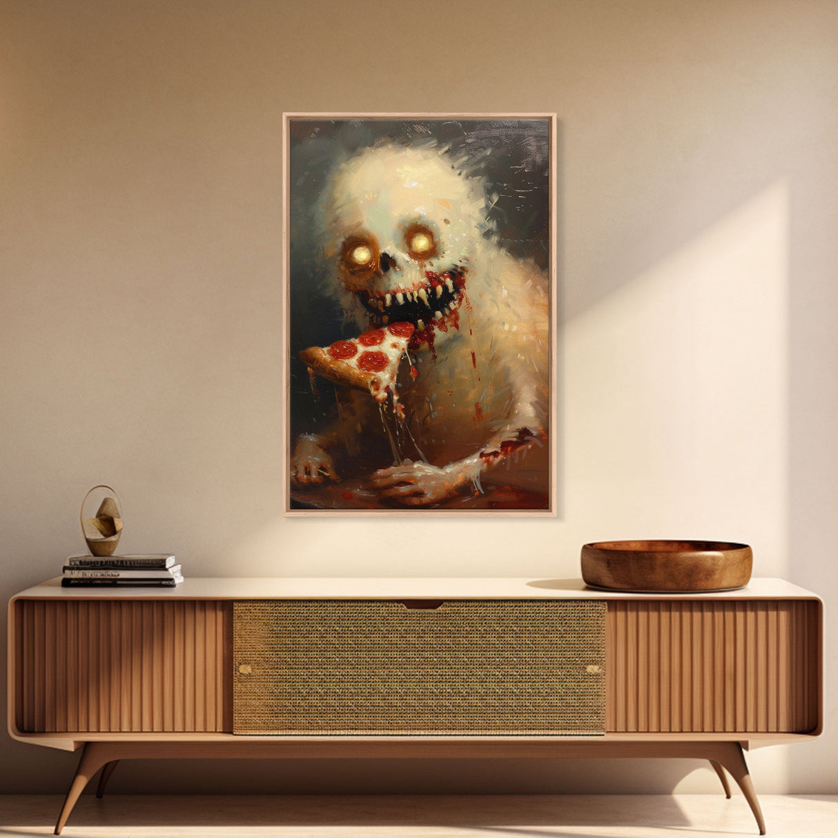 Halloween Ghost with Pizza Framed Canvas Print, Unique Spooky Decor, Living Room Art, Fun Halloween Wall Art, Home Decor, Retro Style Art