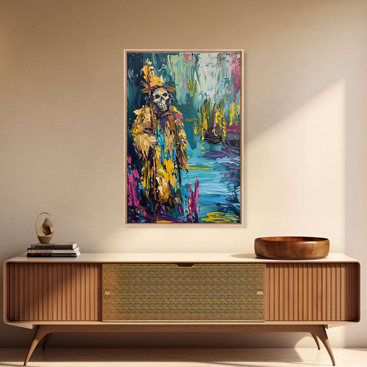 Halloween Skeleton Wizard, Framed Canvas Print, Wall Art, Home Decor, Spooky Artwork, Witchcraft Decor, Fantasy Art, Holiday Decor