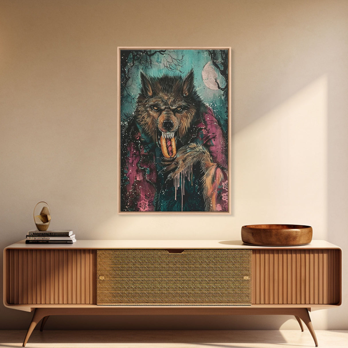 Halloween Werewolf Snarling with Hotdog, Framed Canvas Print, Wall Art, Home Decor, Spooky Artwork, Monster Decor, Halloween Decor