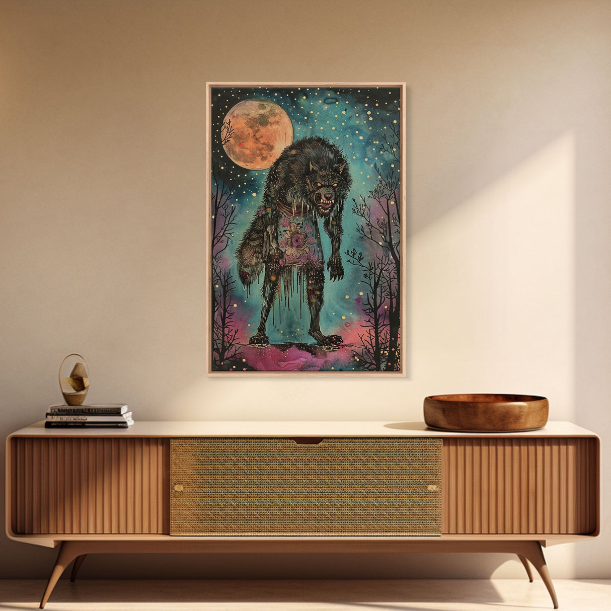 Halloween Spooky Full Moon Werewolf Framed Canvas Print, Wall Art, Living Room Decor, Halloween Decoration, Scary Wall Hanging, Haunted Art