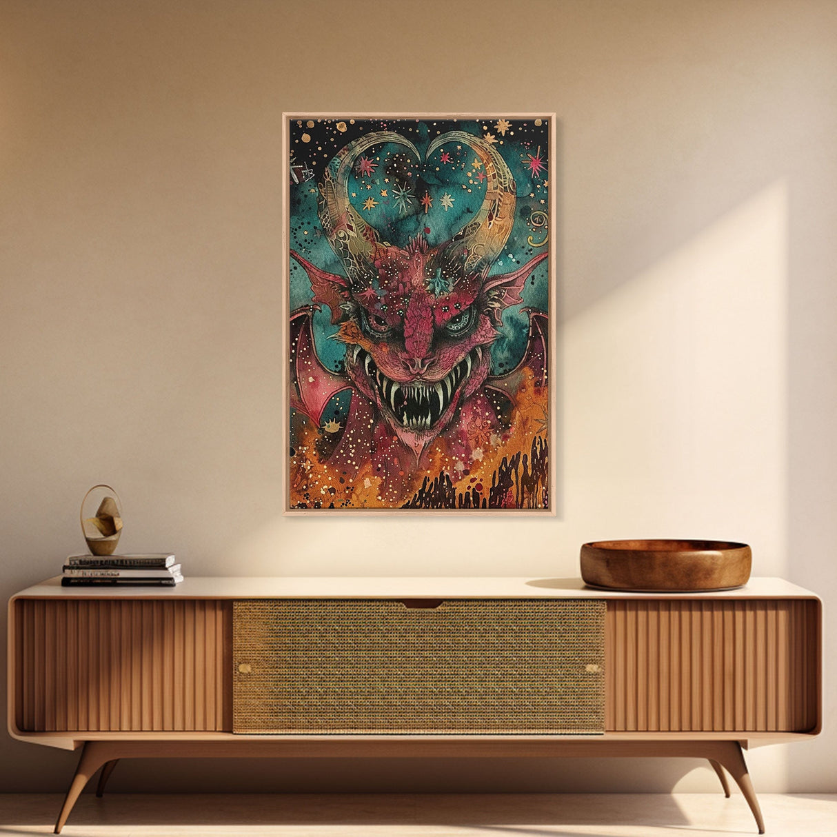 Fantastical Demon with Stars Framed Canvas Print | Halloween Monster Art | Spooky Starry Art | Scary Demon Art for Home Decoration