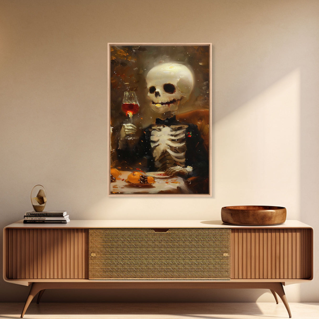 Spooky Skeleton Enjoying a Glass of Wine - Elegant Skeleton Dining - Halloween Art Print - Skeleton Decor - Spooky Art for Halloween Parties
