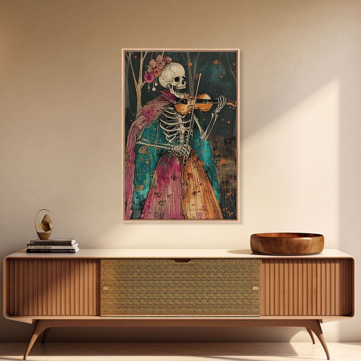 Day of the Dead Skeleton Playing Violin - Colorful Skeleton Art - Dia de los Muertos Inspired Print - Halloween Skeleton Decor