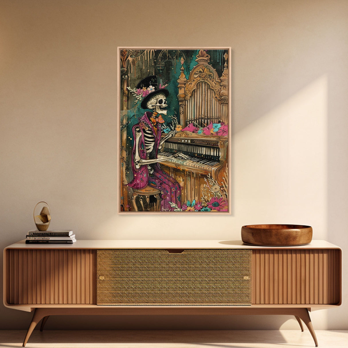 Skeleton Playing Organ in Gothic Church - Day of the Dead Skeleton Musician - Gothic Halloween Art - Skeleton Decor for Halloween