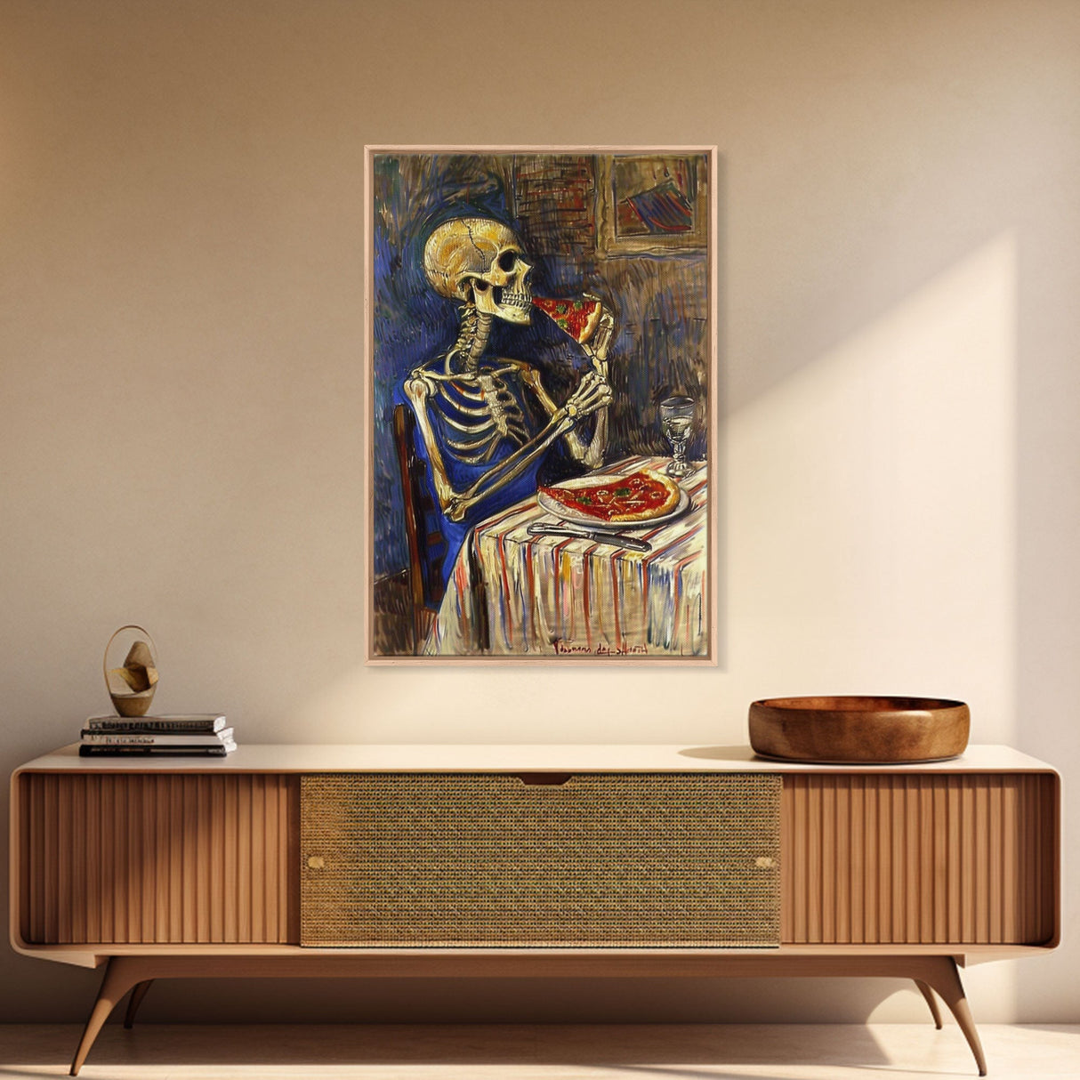Funny Skeleton Eating A Pizza, Framed Canvas Print, Halloween Decor