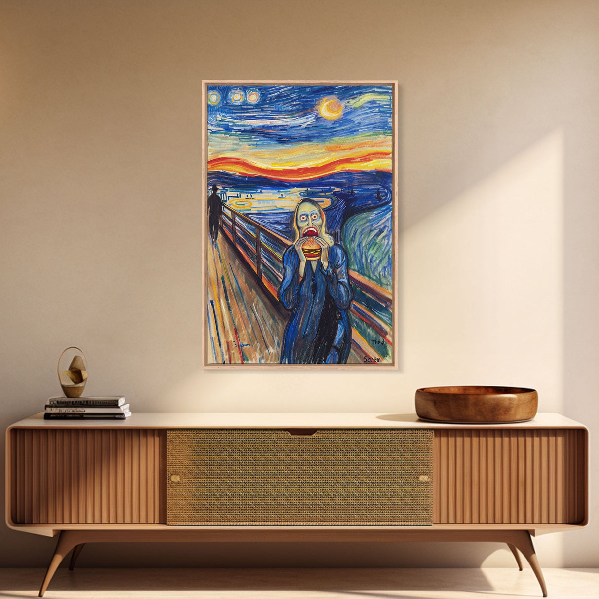 Scream-Inspired Halloween Art with a Figure Eating a Hamburger, Combining Horror and Humor for a Unique and Spooky Wall Art Piece