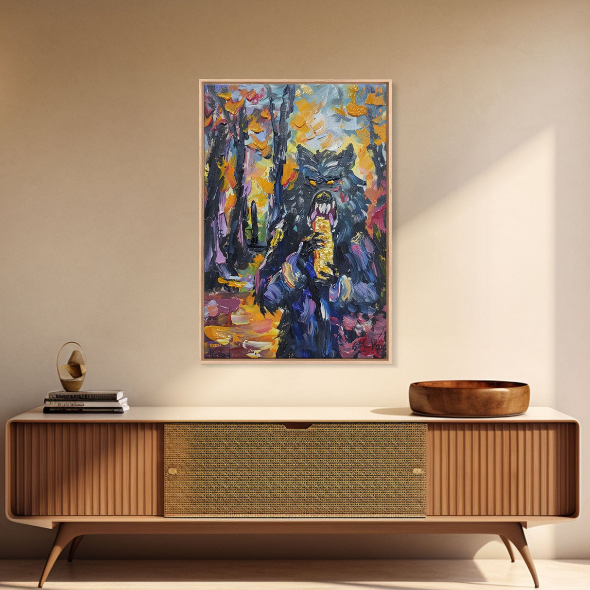 Halloween Art with a Man Holding a Hamburger, Capturing Horror and Humor in One Spooky Wall Art Piece