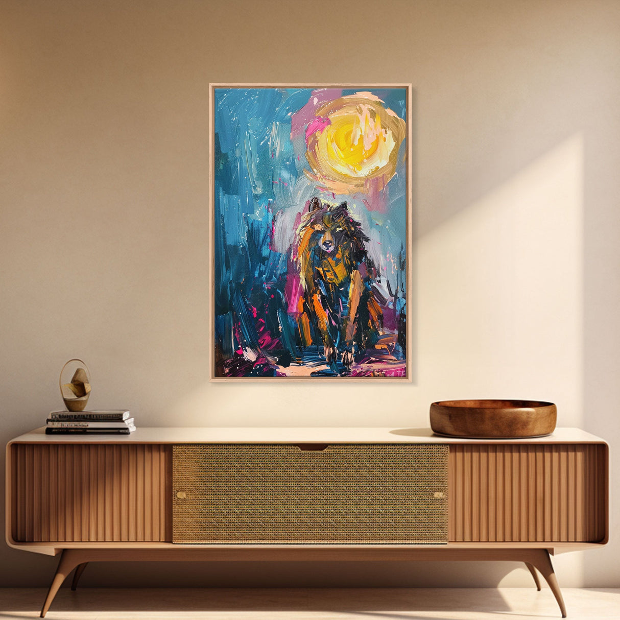 Halloween Art of a Werewolf in a Dress Eating Pizza Under the Moonlight, Perfect for Adding a Playful Touch to Spooky Decor