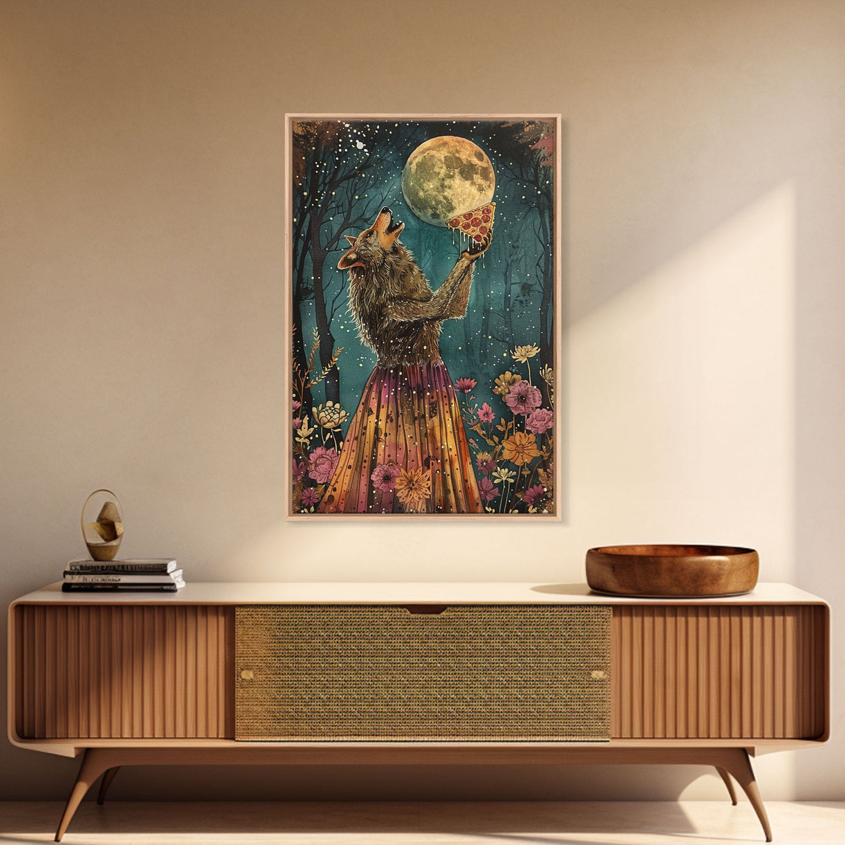 That's A Howlin' Good Pizza, Werewolf Eatin a Pizza and Howlin at The Moon, Framed Canvas Print, Funny Halloween Art