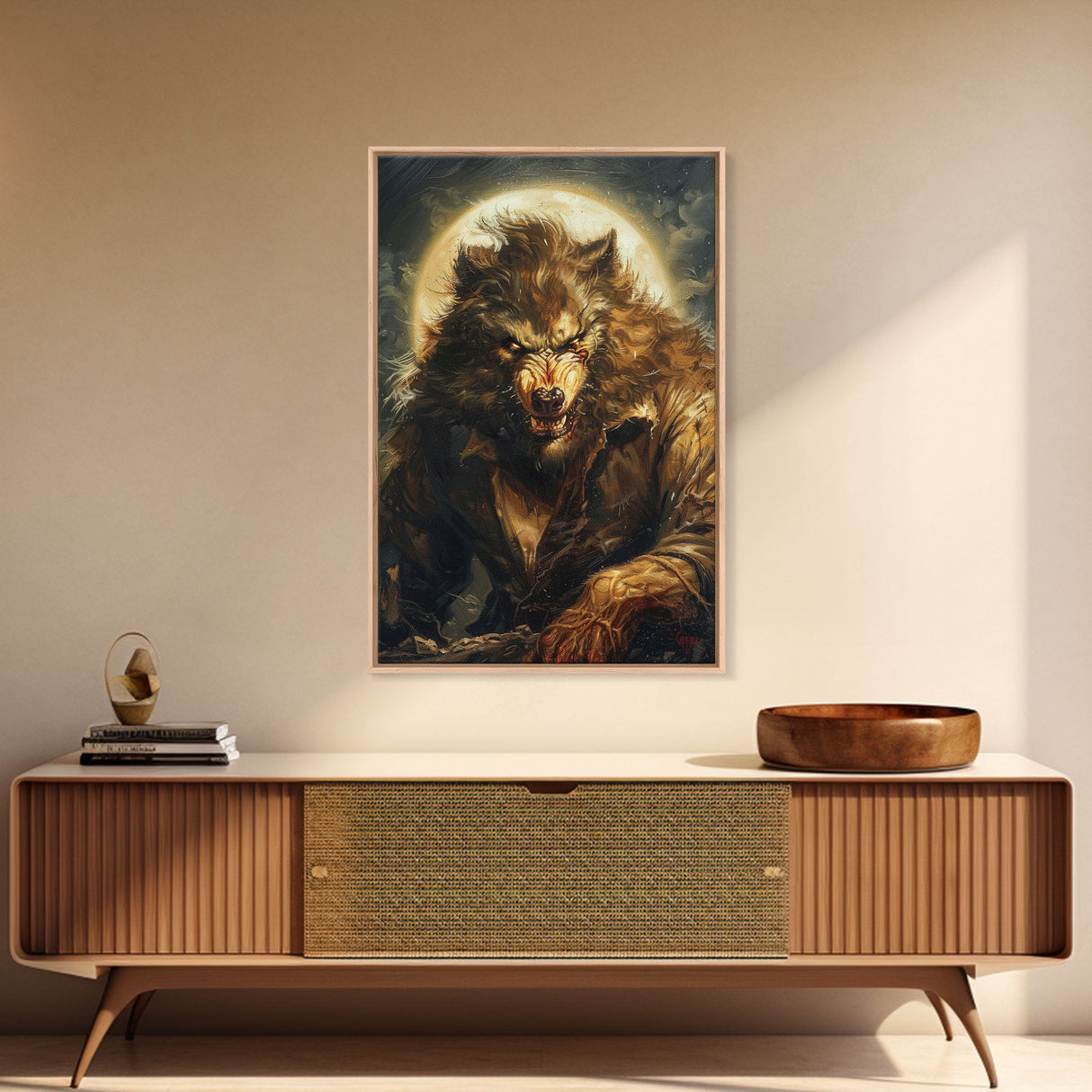 Ferocious Werewolf Under Full Moon Framed Canvas Print | Halloween Monster Art | Spooky Werewolf Decor for Home | Intense Werewolf Artwork