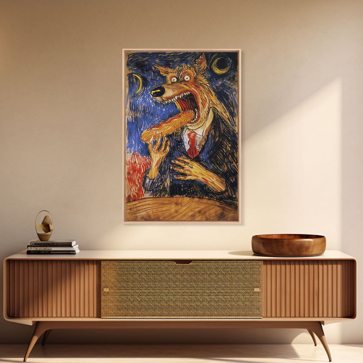 Business Werewolf Eating a Hot Dog, Framed Canvas print, Funny Halloween Art, Spooky Season, The Scream Inspired Funny Art