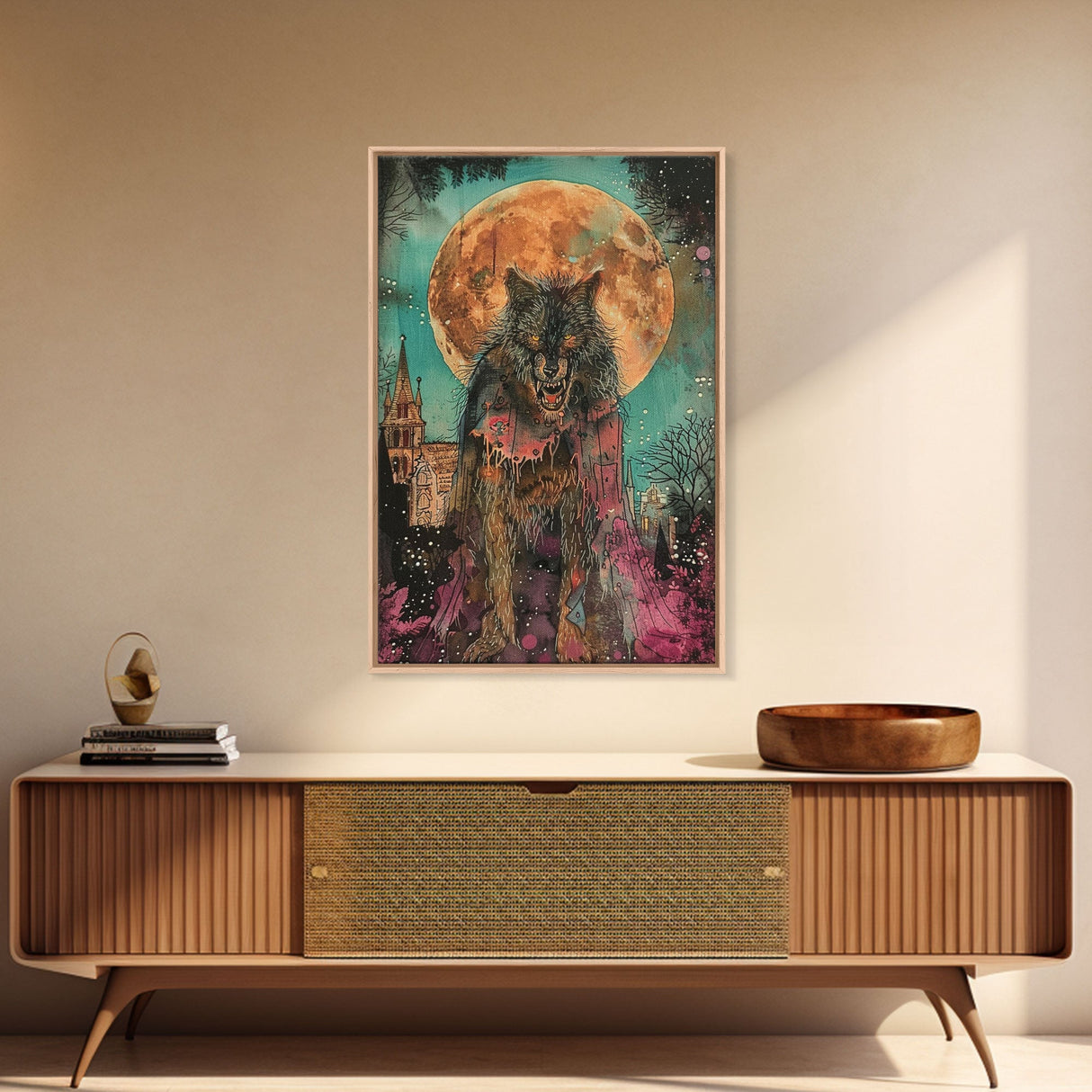 Fierce Werewolf with Blood Moon Framed Canvas Print | Halloween Monster Art | Spooky Werewolf Decor for Home | Intense Full Moon Artwork
