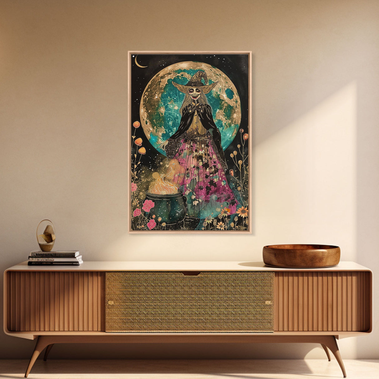 Spooky Witch with Cauldron Under Full Moon Framed Canvas Print | Halloween Witch Art | Witch Decor for Home | Magical Halloween Artwork