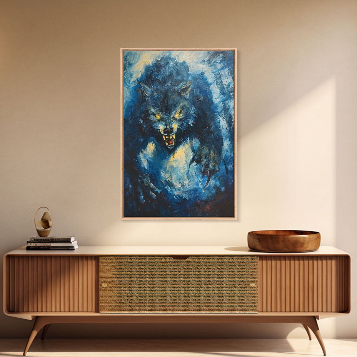 Ferocious Werewolf Growling in Forest | Halloween Wall Art | Spooky Home Decor | Creepy Werewolf Howling Painting | Framed Canvas Print