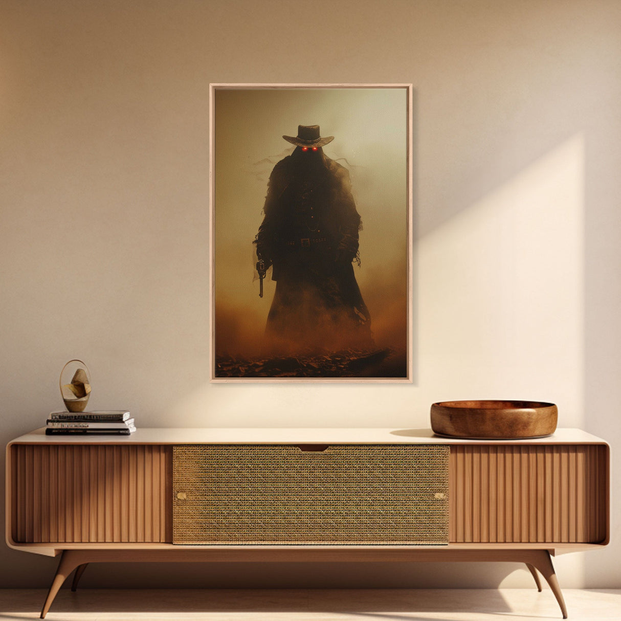 Mysterious Cowboy with Glowing Red Eyes in Desert | Halloween Wall Art | Spooky Home Decor | Creepy Cowboy Painting | Framed Canvas Print