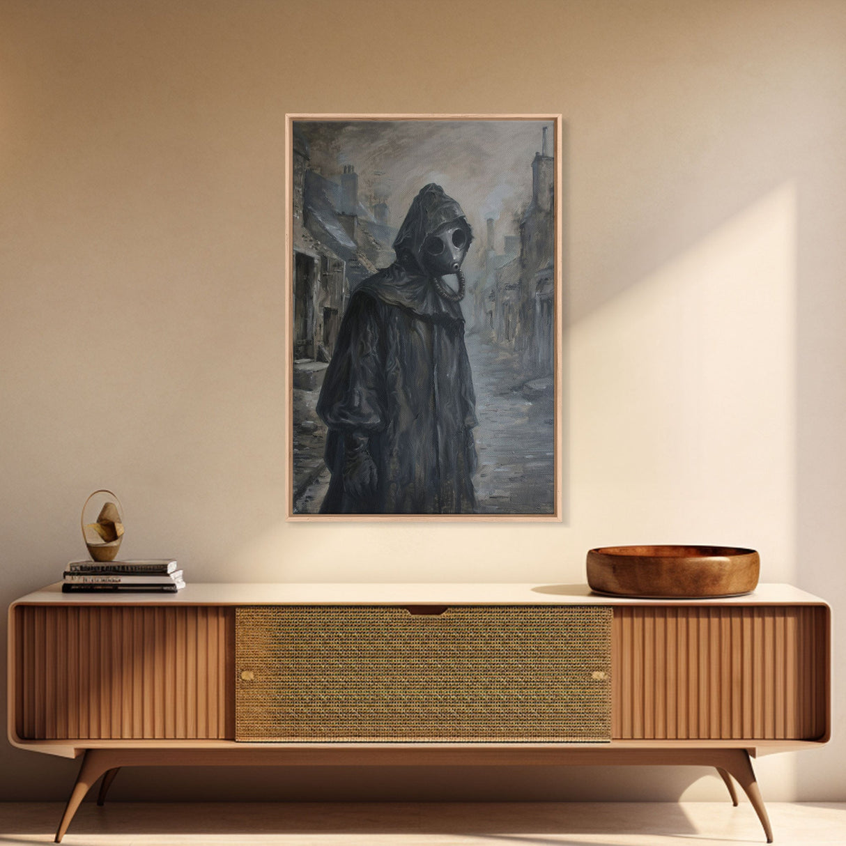 Plague Doctor in Abandoned Town | Halloween Wall Art | Spooky Home Decor | Creepy Plague Doctor Painting | Framed Canvas Print