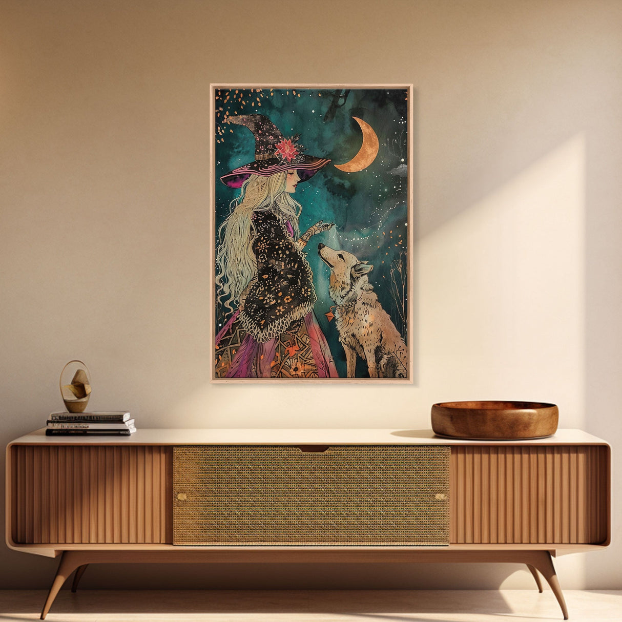Mystical Witch and Wolf Under Crescent Moon - Halloween Wall Art - Spooky Home Decor - Perfect Halloween Gift - Witch and Wolf Painting