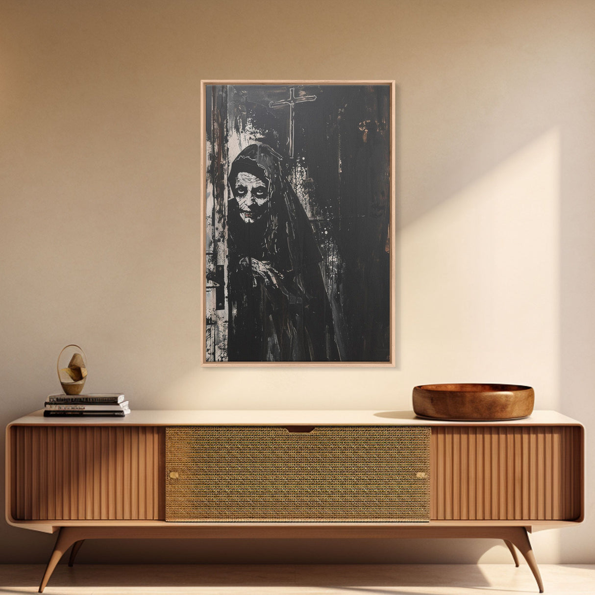 Haunted Nun with Eerie Expression, Framed Canvas Print, Gothic Halloween Art, Spooky Religious Decor, Scary Nun Painting, Gothic Home Art