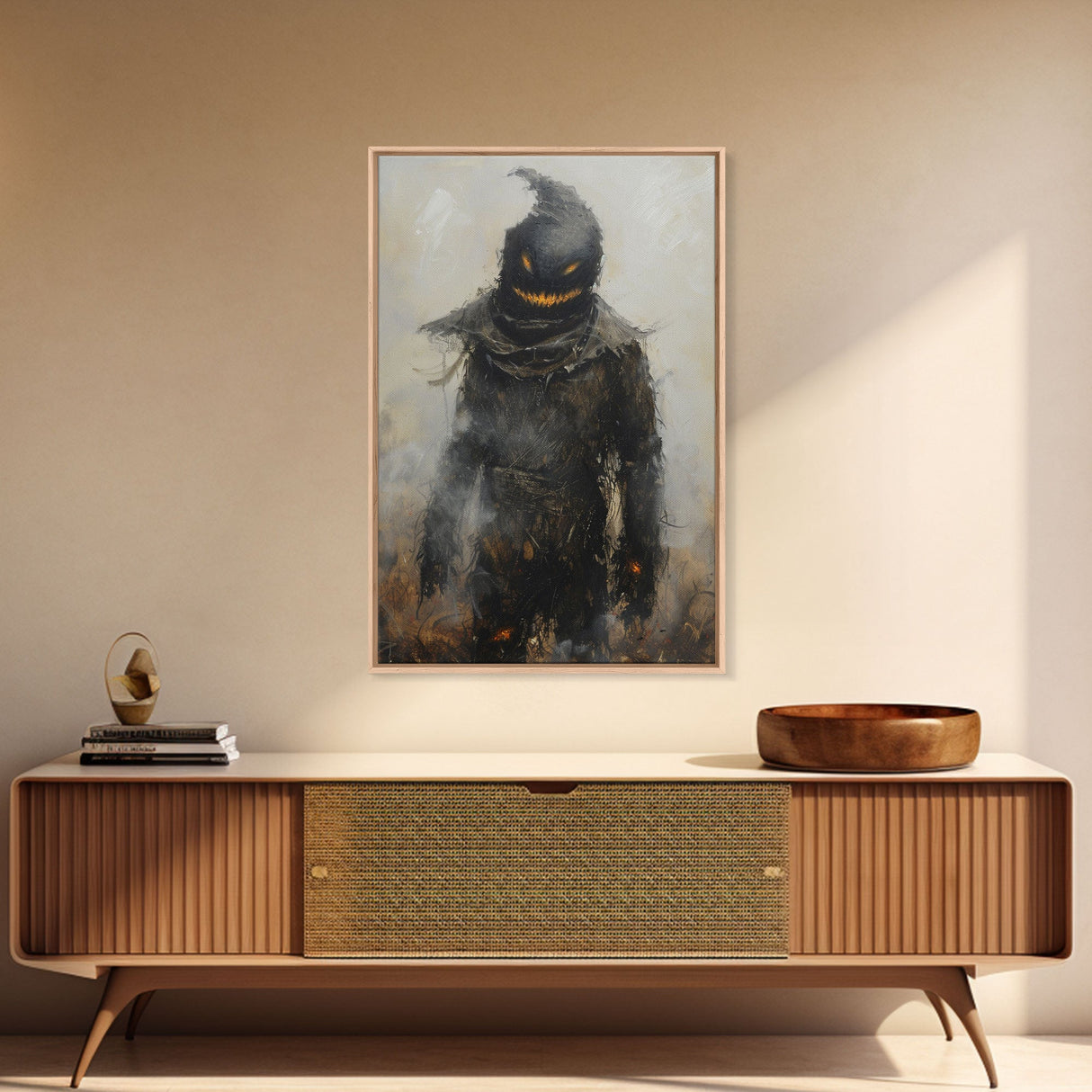 Scarecrow with Glowing Eyes in Dark Field, Framed Canvas Print, Halloween Scarecrow Art, Spooky Farm Decor, Creepy Harvest Illustration