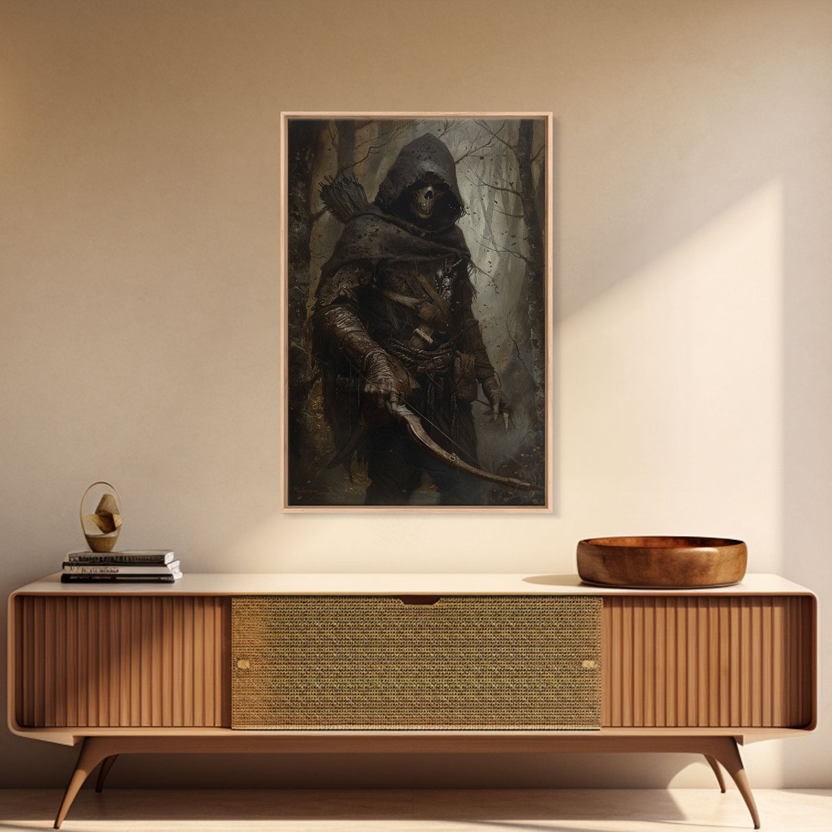 Grim Reaper Archer in Dark Enchanted Forest - Eerie Gothic Wall Art Framed Canvas Print, Unique Spooky Halloween Haunted Homes