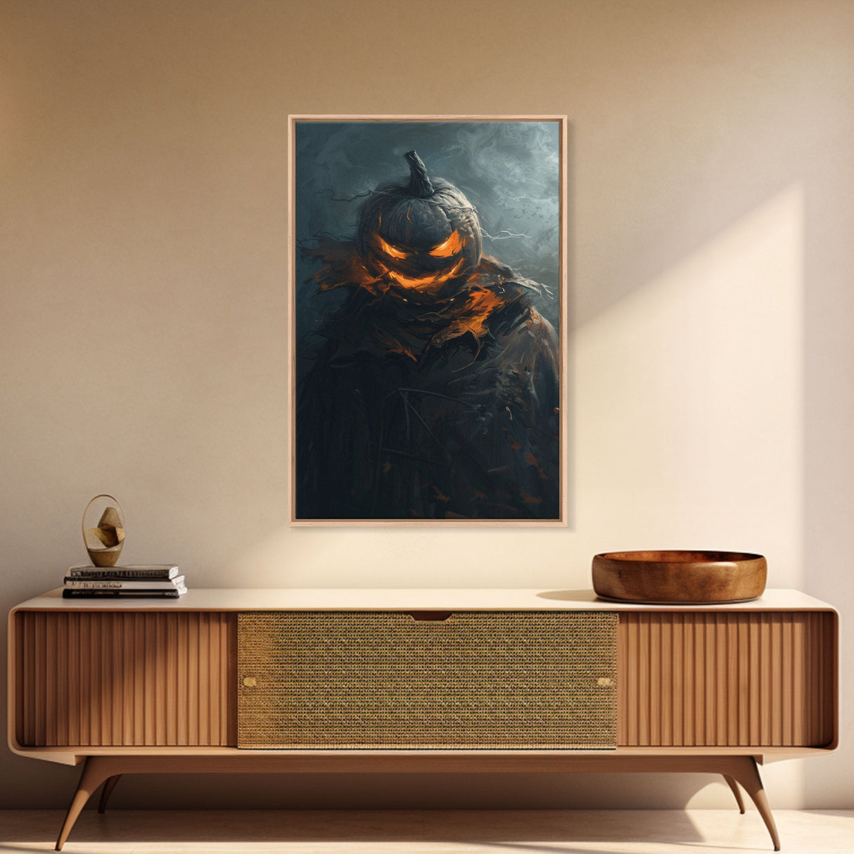 Menacing Pumpkin Head Monster Emerging from Fog - Creepy Halloween Horror Artwork Framed Canvas Print, Spooky Gothic Home Wall Decor