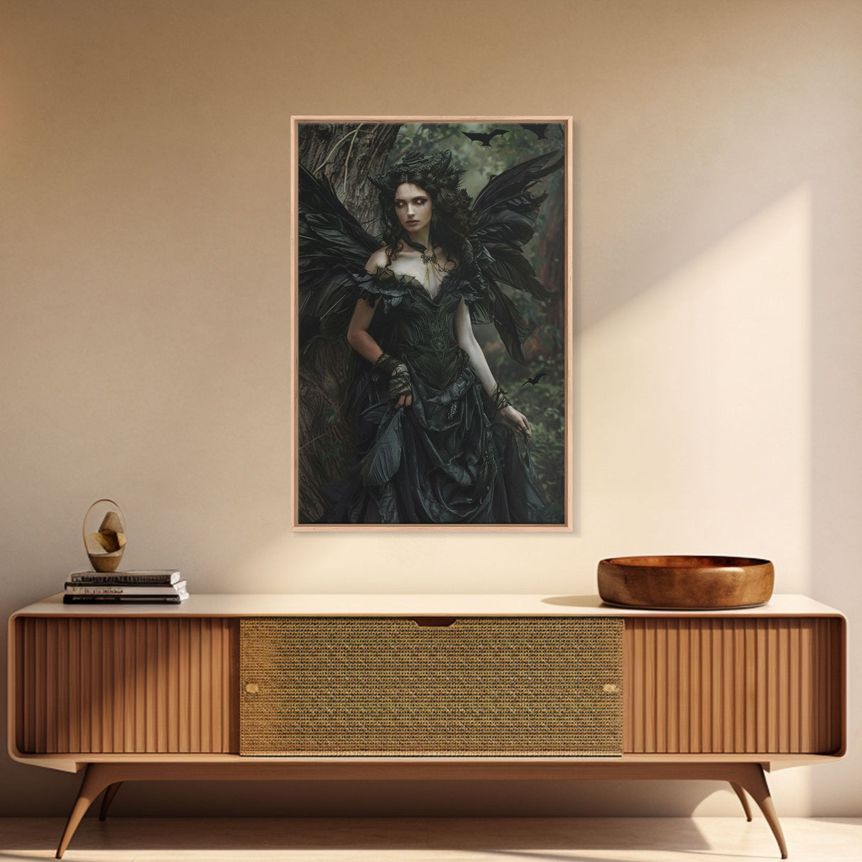 Dark Angel with Glowing Eyes in Haunted Forest - Mysterious Gothic Framed Canvas Print, Halloween Wall Art Decor