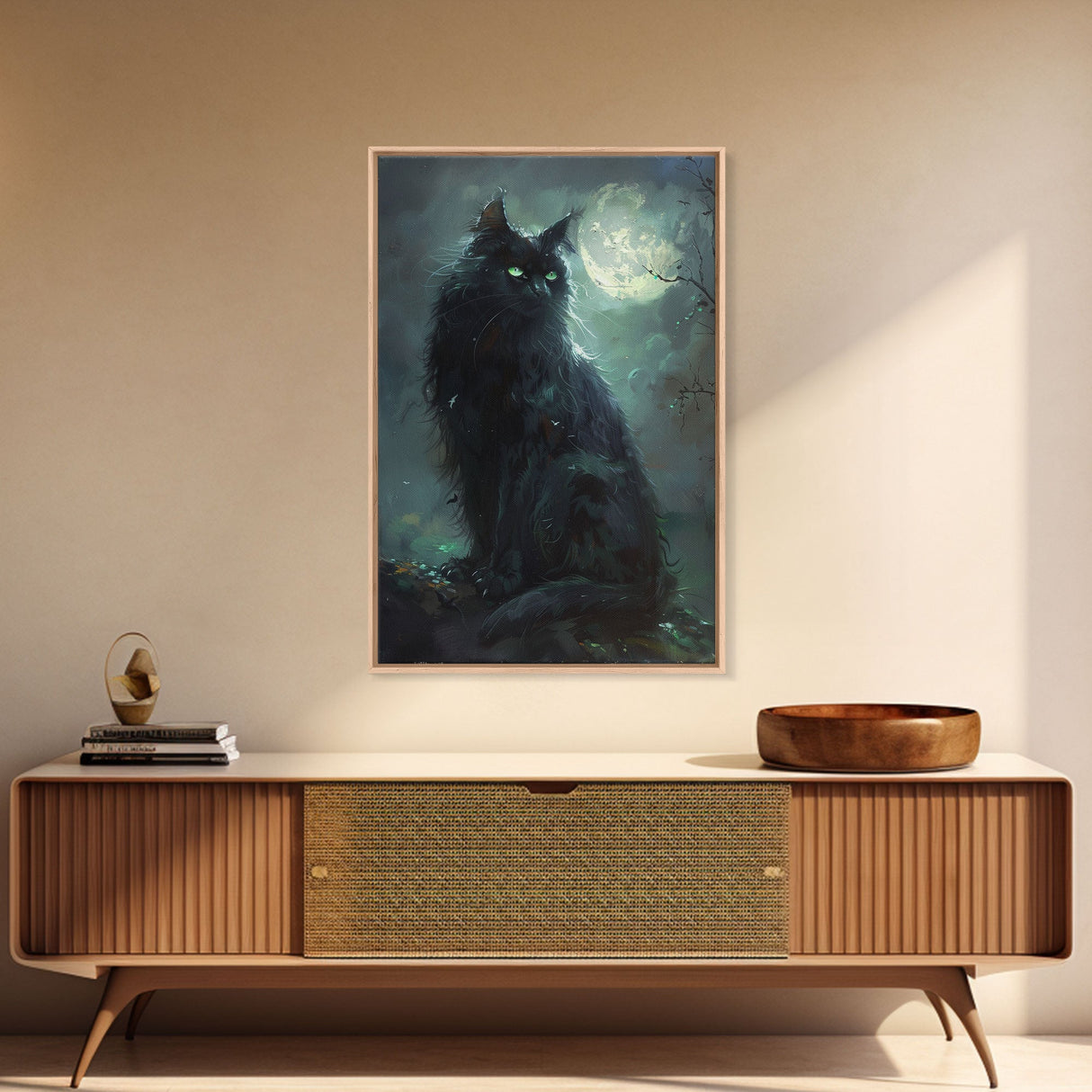 Sinister Black Cat with Green Eyes Under Moonlight - Spooky Halloween Artwork Framed Canvas Print, Gothic Home Wall Decor