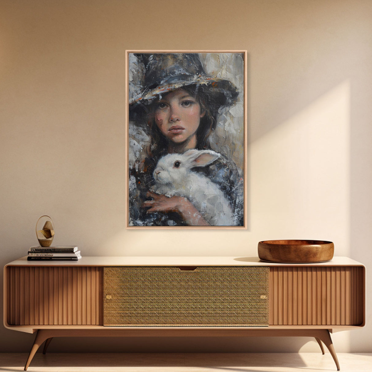 Enchanting Witch with White Rabbit in Serene Autumn Setting - Mystical Forest Art Framed Canvas Print, Halloween Home Decor