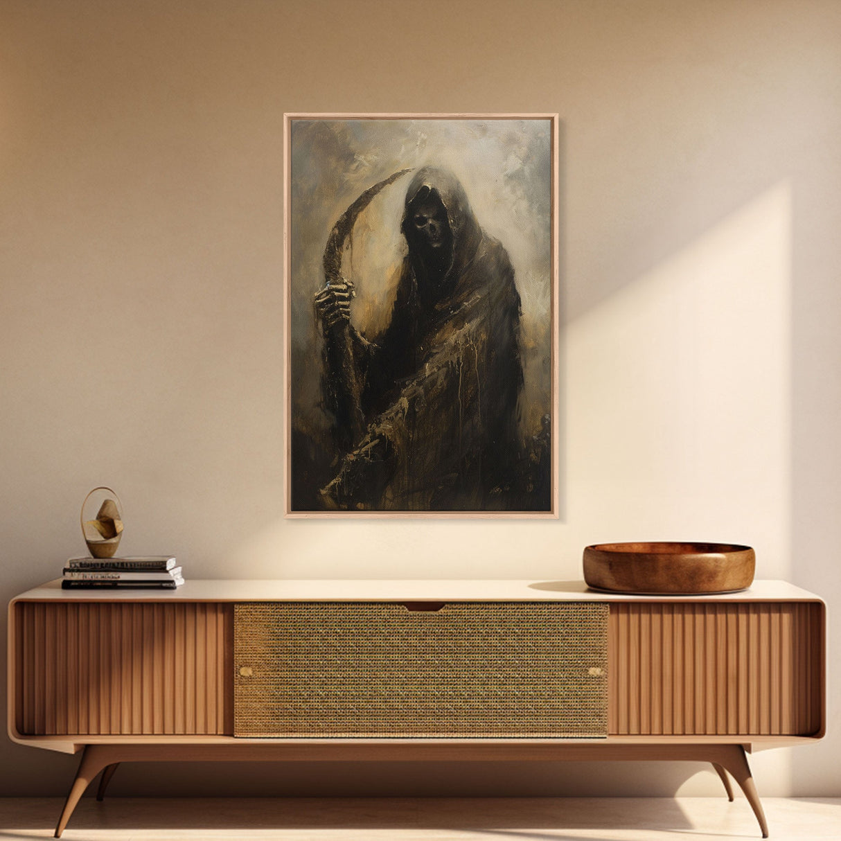 Haunting Grim Reaper with Scythe - Dark Halloween Nightmare Gothic Art Framed Canvas Print, Spooky Wall Decor