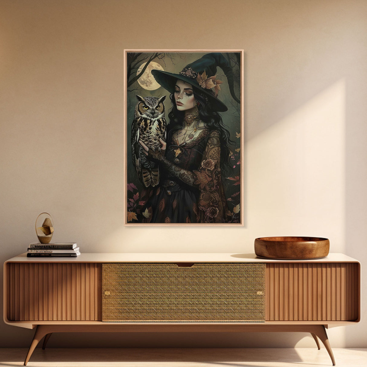 Mysterious Witch with Owl Companion - Moonlit Enchantment, Mystical Beauty Framed Canvas Print, Halloween Wall Art