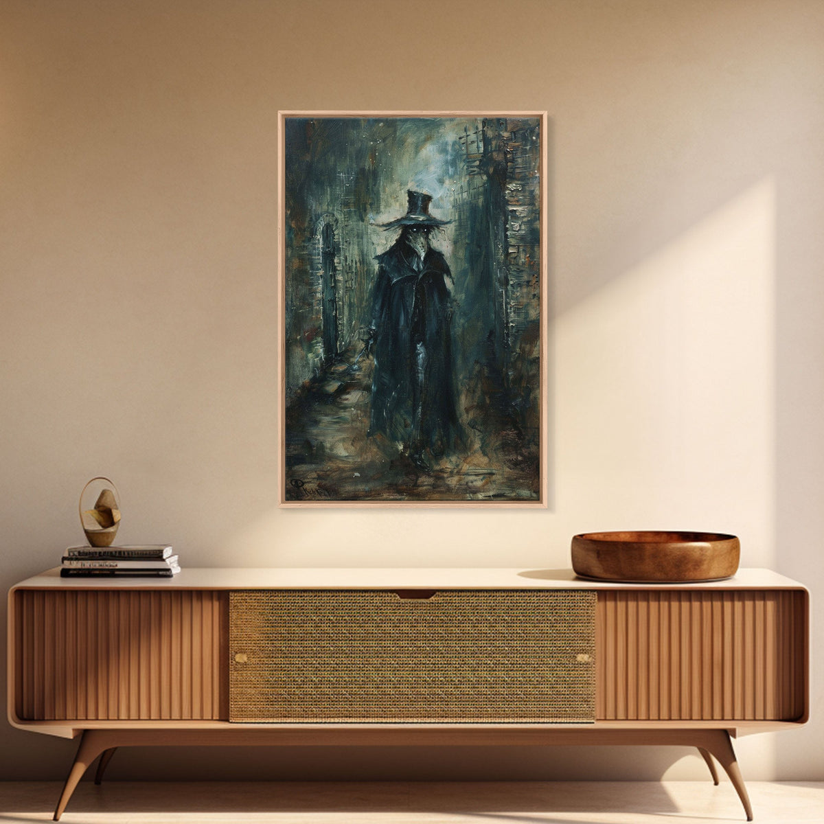 Ghostly Figure in Victorian Attire - Eerie Night Stalker Gothic Art Framed Canvas Print, Halloween Haunted House Decor