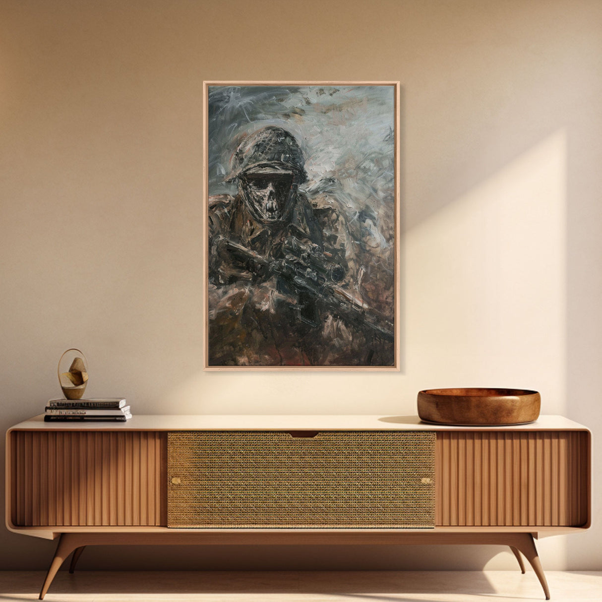 Skeletal Soldier in Battle - Haunting War Scene Gothic Art Framed Canvas Print, Spooky Halloween Decor