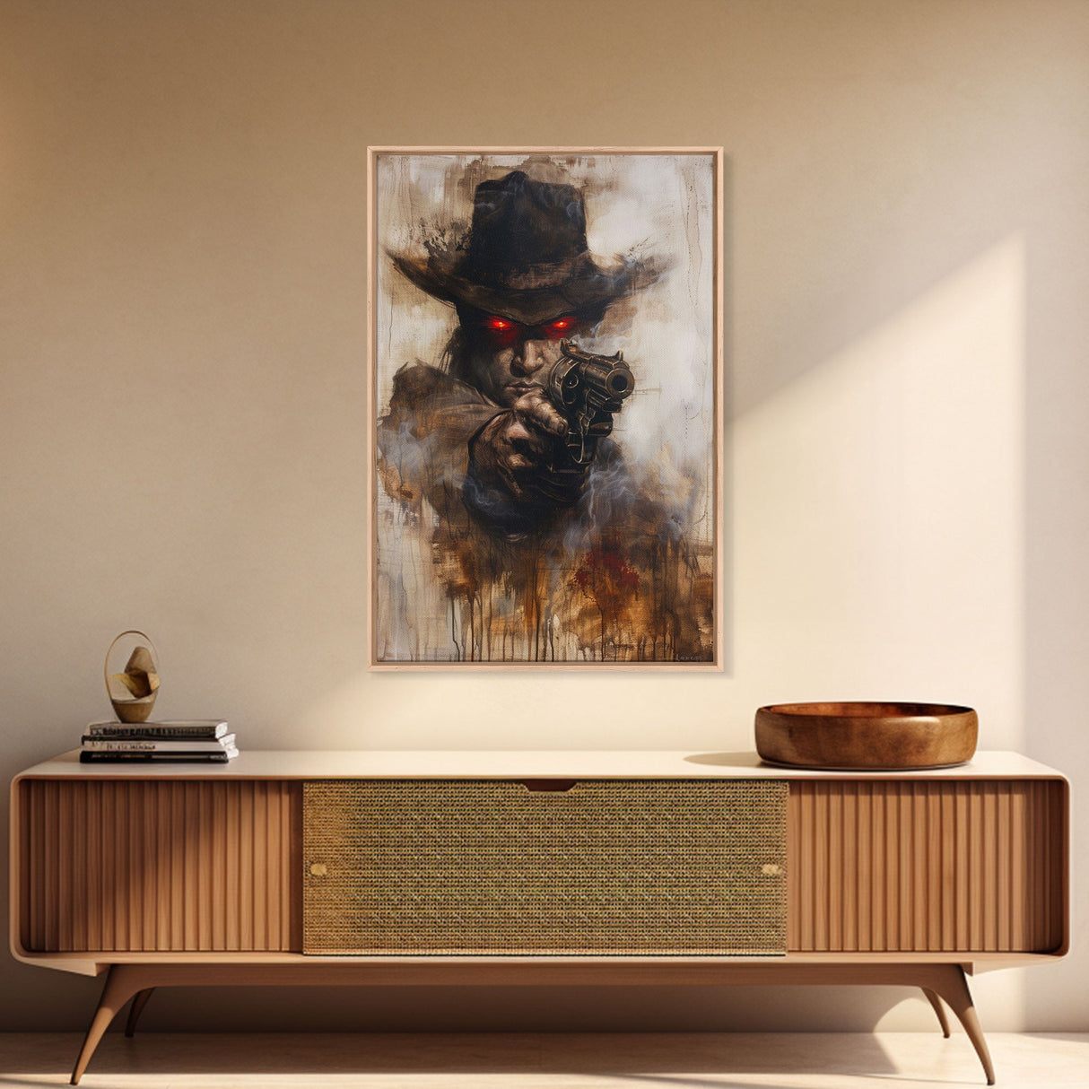 Haunting Cowboy with Red Eyes - Halloween Art, Gothic Art, Spooky Decor, Dark Wild West Art, Menacing Portrait, Framed Canvas Print