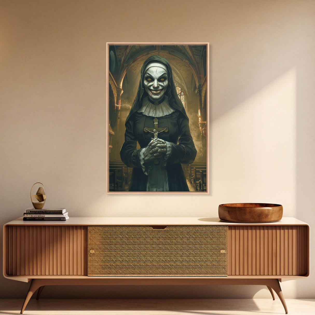 Creepy Nun Canvas Print - Halloween Art, Scary Art, Spooky Home Decor, Creepy Portrait, Gothic Wall Art, Halloween Decor Framed Canvas Print