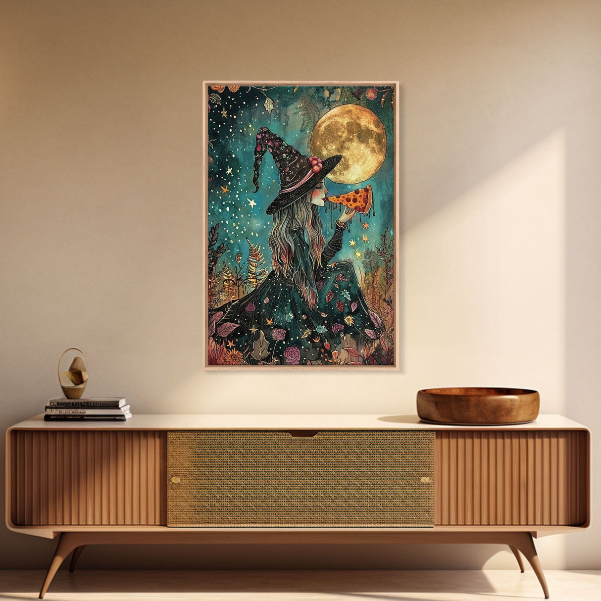 Spring Witch and Her Slice Of Pizza, Framed Canvas Print, Cute / Funny Halloween Art